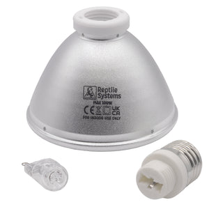 Reptile Systems Eco Halogen Heat Lamp Disassembled with Components on a White Background