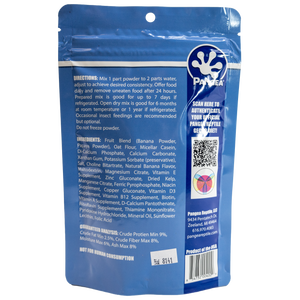 Pangea Fruit Mix Gecko Treat™ 8oz bag rear side showing feeding directions and ingredients on a white background