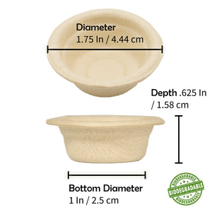 Picture of a biodegradable gecko feeding cup from pangea reptile with measurements of its size with a "biodegradable" badge in the lower right corner