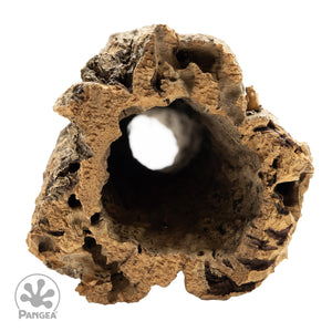 Front view of a small cork wood round on a white background with a trademarked Pangea logo