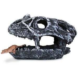 Pangea Dinosaur Skull Reptile Hide - with gecko climbing over teeth in mouth.