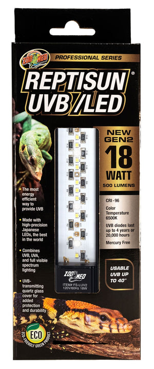 ZooMed Reptisun UVB/LED Gen 2 in branded packaging on a white background