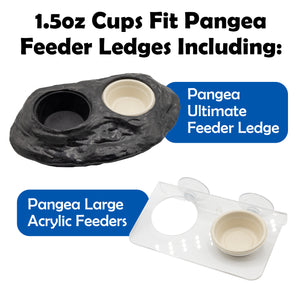 Image with text indicating 1.5oz pangea biodegradable cup compatibility with Pangea Ultimate Feeder Ledge and Pangea Large Acrylic Feeders.