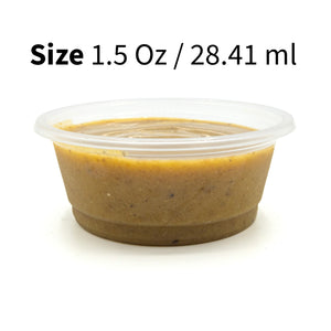 Depiction of plastic pangea reptile feeding cup filled with gecko diet accompanied by text describing the volume of the cup