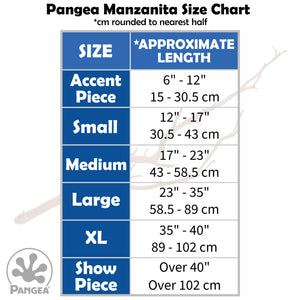 Pangea size chart showing different available sizing options for Manzanita wood decor