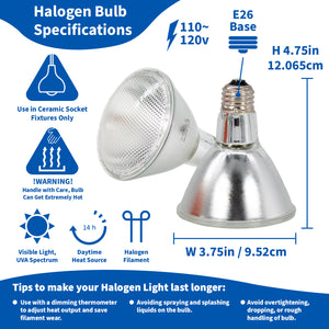 Pangea Halogen Bulb specifications image with labels and warnings.