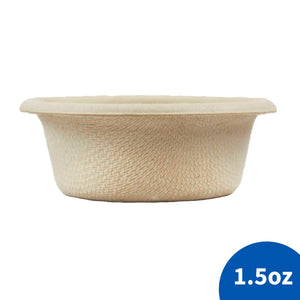 Pangea large biodegradable 1.5 oz paper cup side view on a white background with a blue label containing the text "1.5oz" in the lower right corner