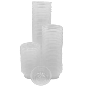 A stack of 100 Pangea clear plastic feeding cups isolated on a white background