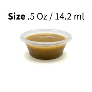 A Pangea small clear plastic feeding cup filled with liquid gecko diet, with text indicating the volume of the cup