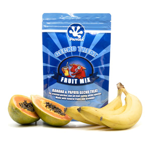 Pangea Reptile fruit mix gecko treat bag depicted with bananas and papayas on a white background