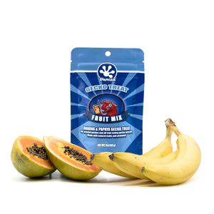 Pangea Reptile fruit mix gecko treat 2oz bag depicted with bananas and papayas on a white background