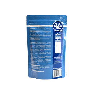 Pangea Fruit Mix Gecko Treat™ 16oz bag rear side showing feeding directions and ingredients on a white background