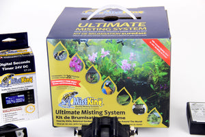 Front view of MistKing ultimate misting system box by some components on a white background