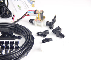 MistKing ultimate misting system joints, power supply, switches, and tubing system displayed on a white background