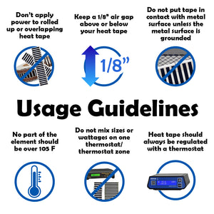 Usage guidelines for Redline Science heat tape with icons and text on a white background