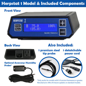 Infographic with text and images showing the components that come included with Herpstat 1 when purchased from Pangea Reptile