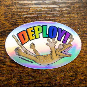 "Deploy" Crested Gecko Holographic Sticker on wood