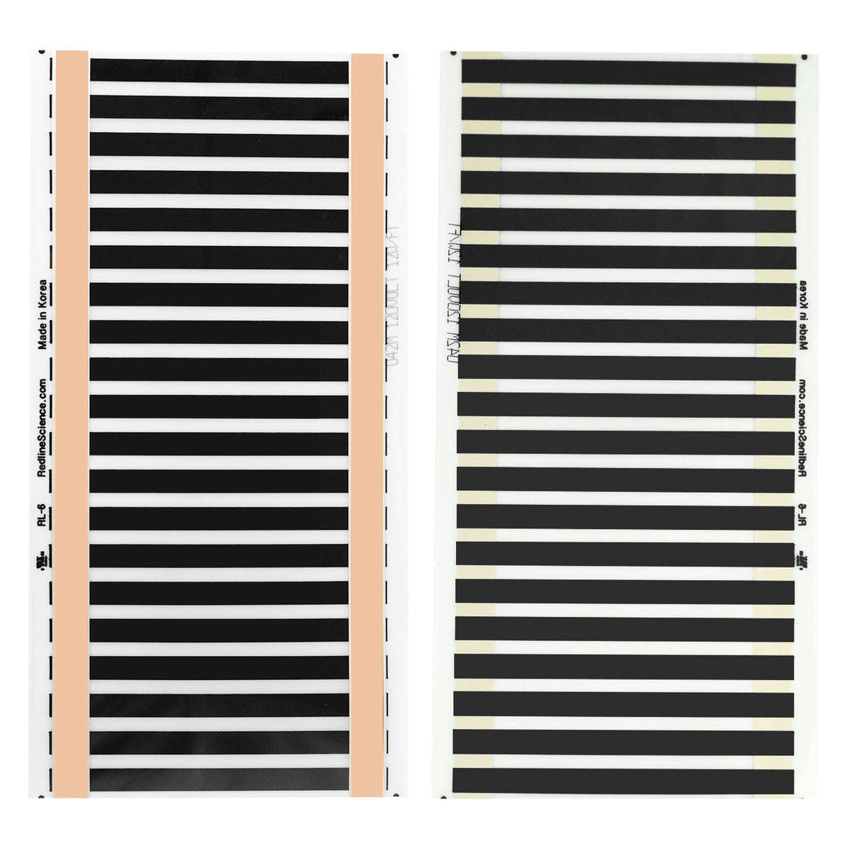 View of both sides of 6 inch wide Redline Science heat tape isolated on a white background