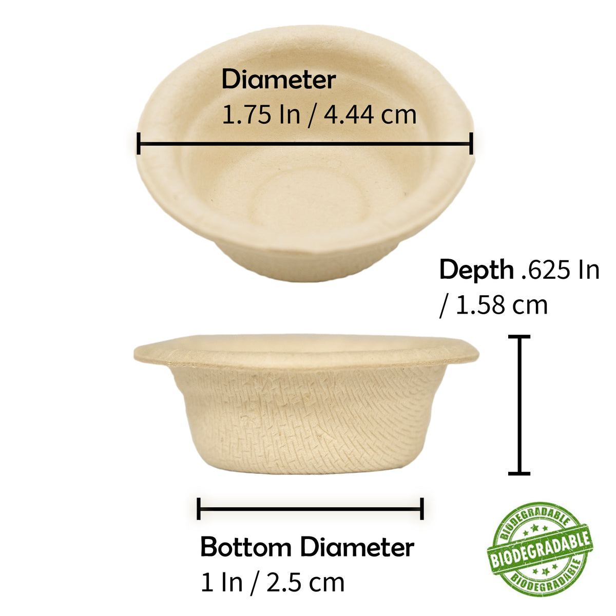 Picture of a biodegradable gecko feeding cup from pangea reptile with measurements of its size with a "biodegradable" badge in the lower right corner