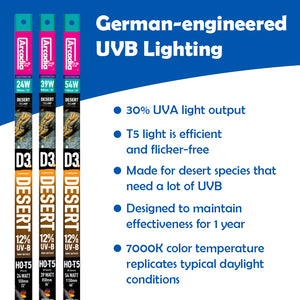 Arcadia 12% UVB D3+ Lights features in an unordered list on a white background