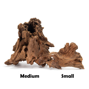 Pangea Malaysian Driftwood pieces labeled "Medium" and "Small" on a white background