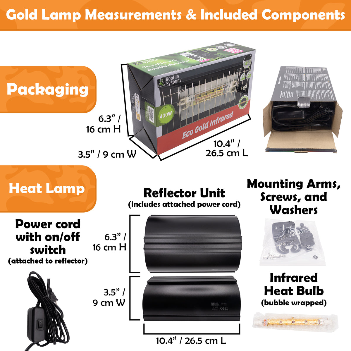 Reptile systems gold infrared lamp unit measurements and included components on a white and orange background