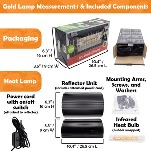 Reptile systems gold infrared lamp unit measurements and included components on a white and orange background
