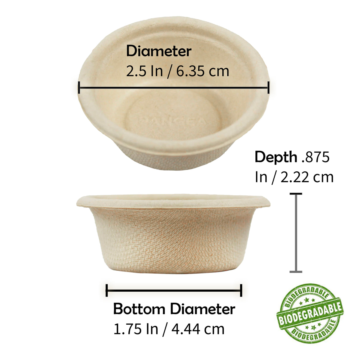Pangea large biodegradable 1.5 oz paper cup with detailed measurements of its top & bottom diameter and depth, with a green biodegradable badge in the lower right corner