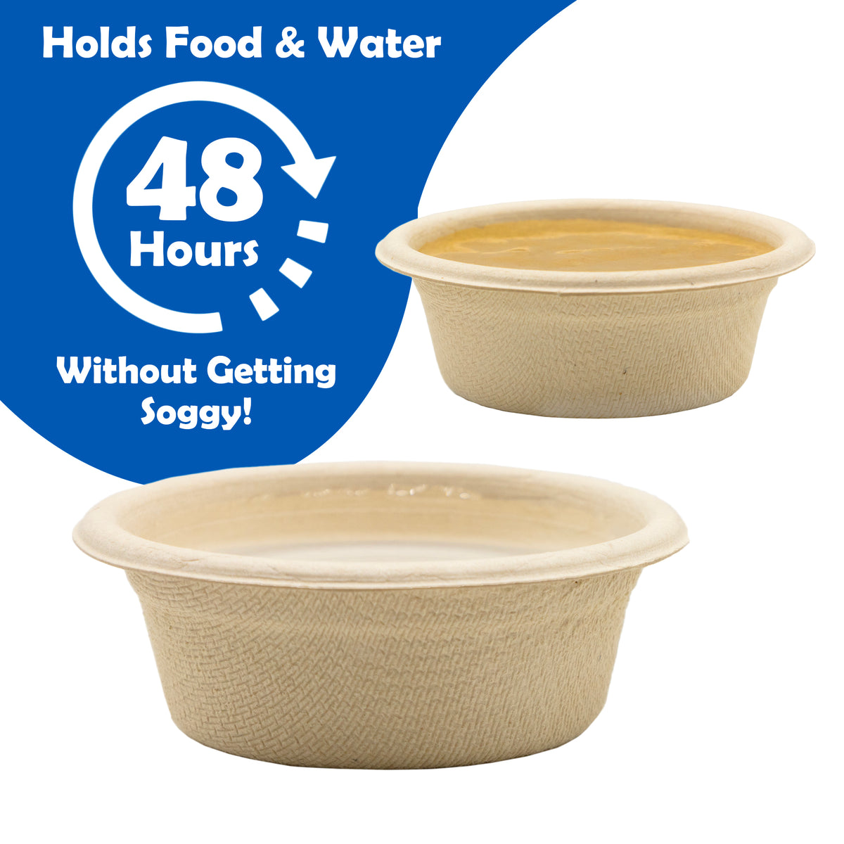 Pangea large biodegradable 1.5 oz paper cups filled with water and food on a white background with a blue label containing text in the upper right corner