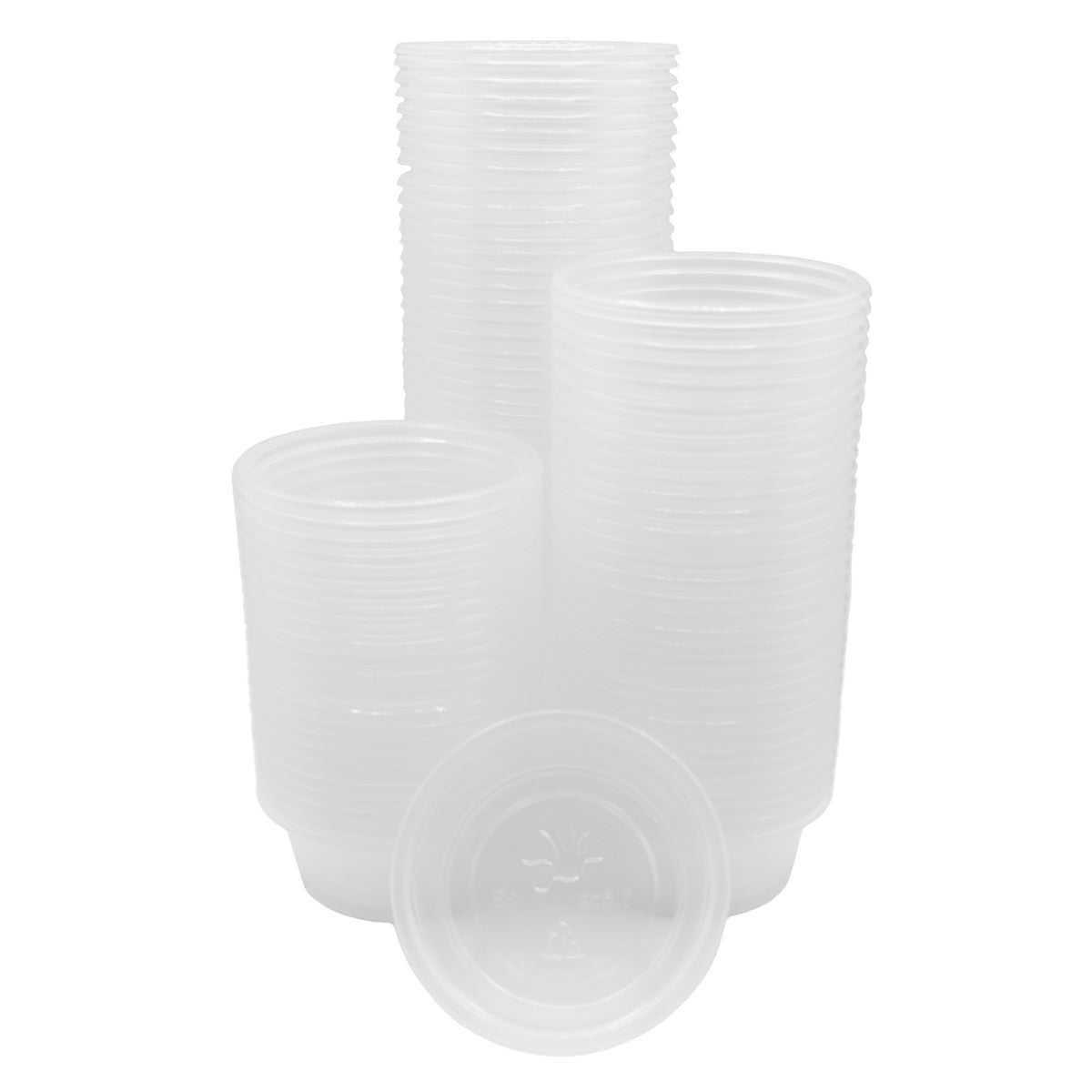 Stack of 100 clear plastic large gecko feeding cups from Pangea Reptile isolated on a white background