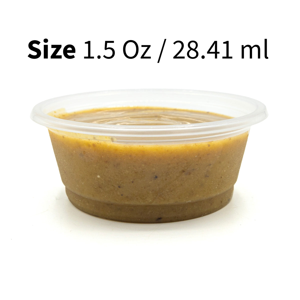 Depiction of plastic pangea reptile feeding cup filled with gecko diet accompanied by text describing the volume of the cup