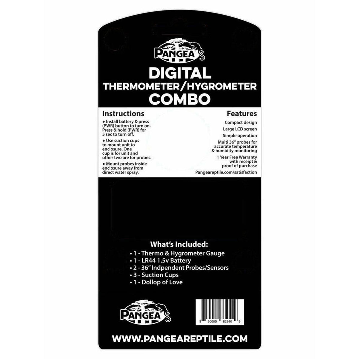 Pangea Temp & Humidity Gauge - back of packaging showcasing logo, UPC, and features on a white background