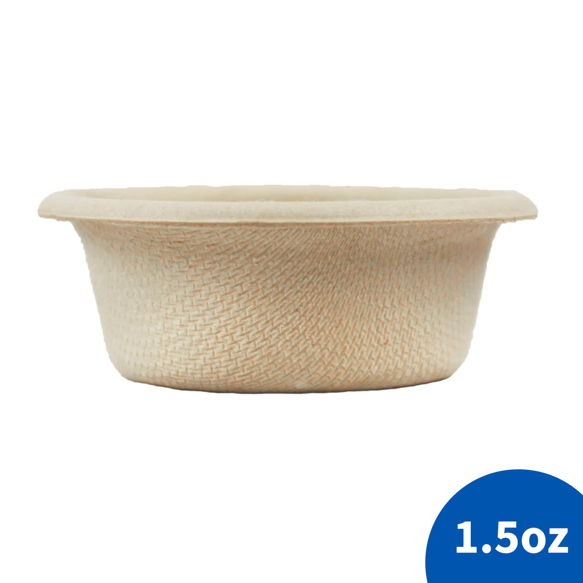 Pangea large biodegradable 1.5 oz paper cup side view on a white background with a blue label containing the text "1.5oz" in the lower right corner