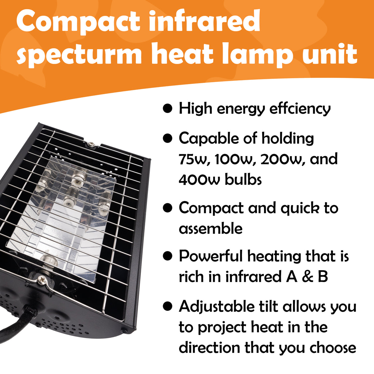 Reptile systems gold infrared lamp unit with highlighted features listed on an orange and white background