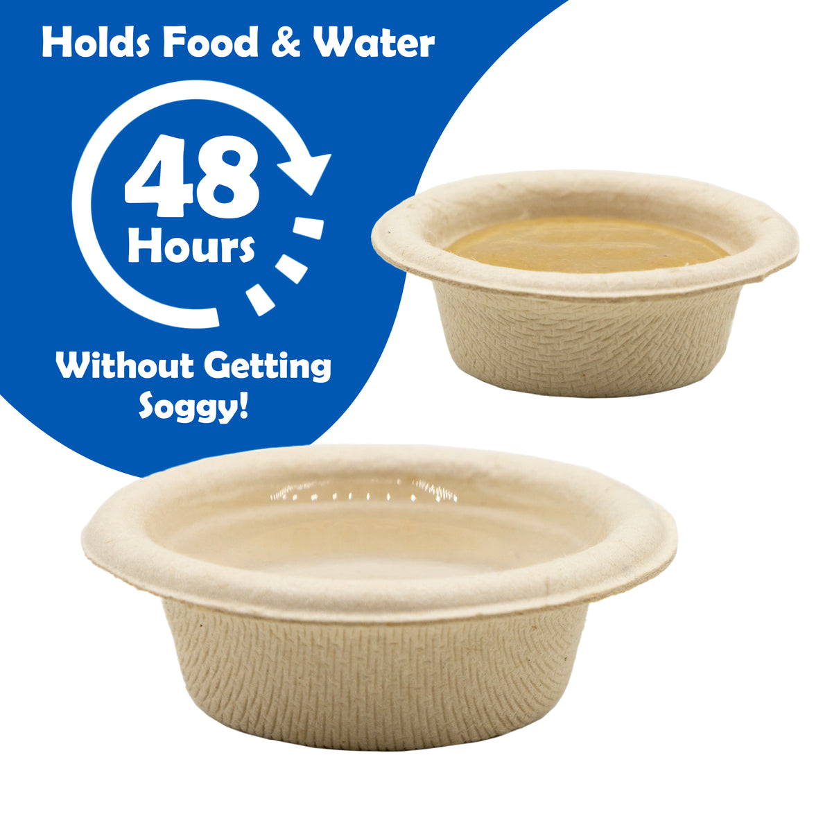 Two pangea reptile paper feeding cups holding gecko food and water with text explaining that they can hold food & water for 48 hours