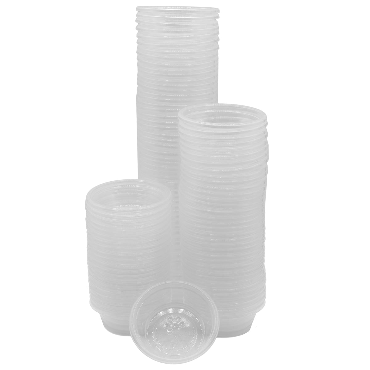 A stack of 100 Pangea clear plastic feeding cups isolated on a white background