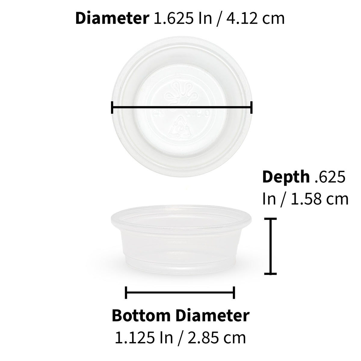 An infographic showing detailed measurements of a small plastic gecko feeding cup from Pangea