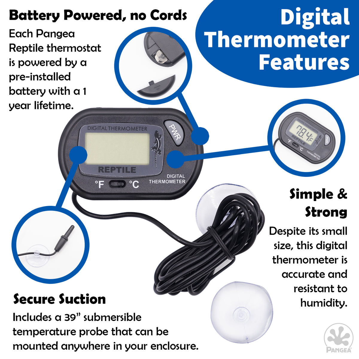 Pangea Digital Thermometer for Reptiles with Highlighted Features on a White Background