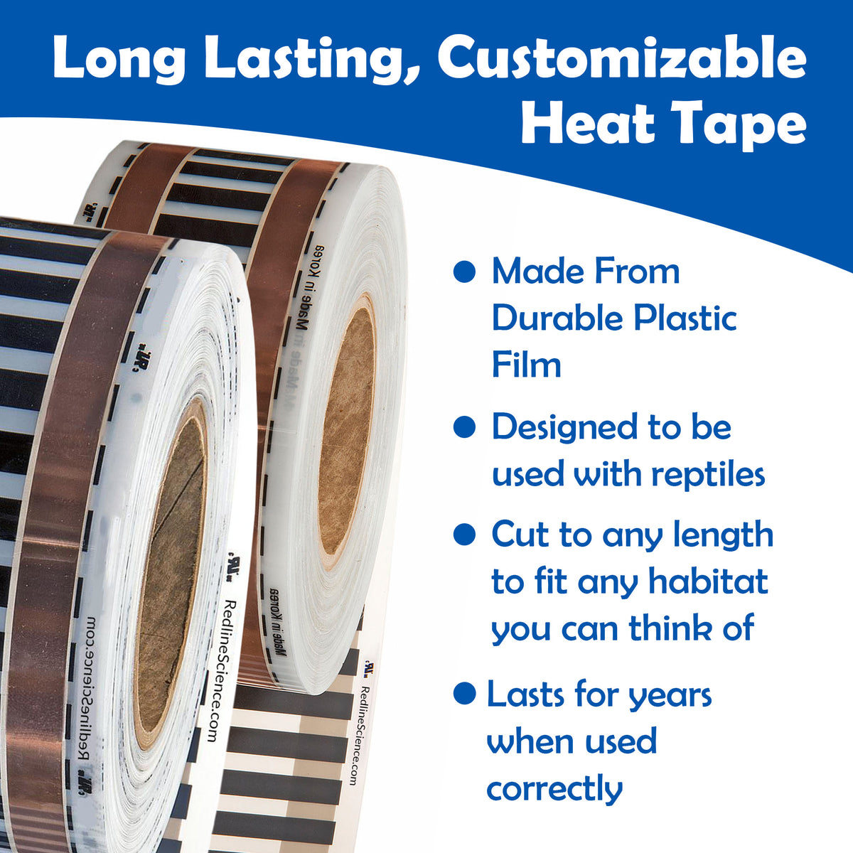 Rolls of Redline Science heat tape with product details in an unordered list on a blue and white background