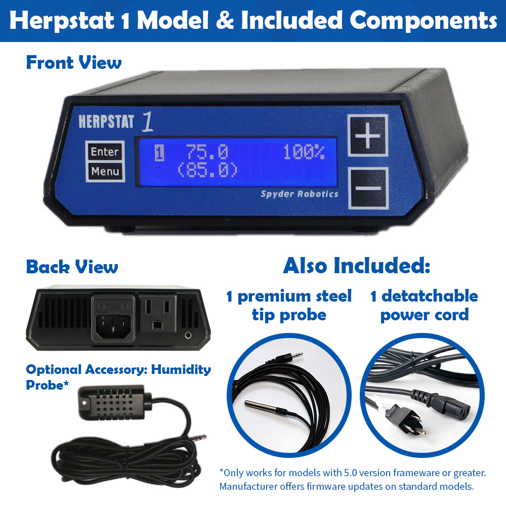 Infographic with text and images showing the components that come included with Herpstat 1 when purchased from Pangea Reptile
