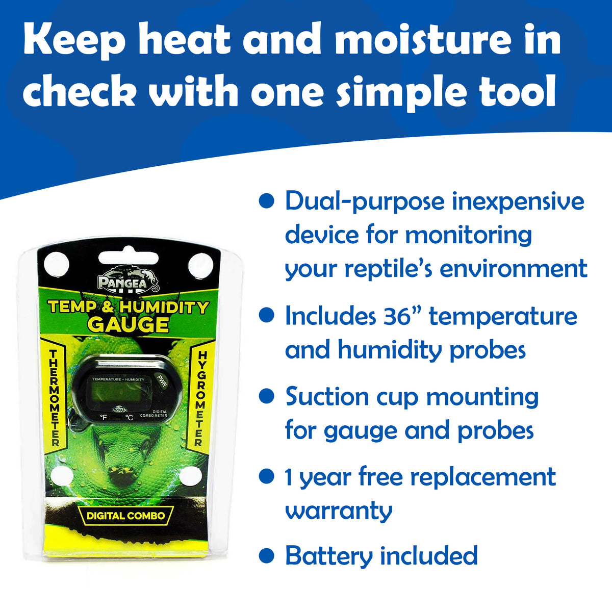 Pangea Temp & Humidity Gauge packaging with an unordered list of product details on a white background