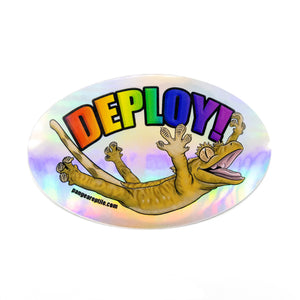 "Deploy" Crested Gecko Holographic Sticker on white