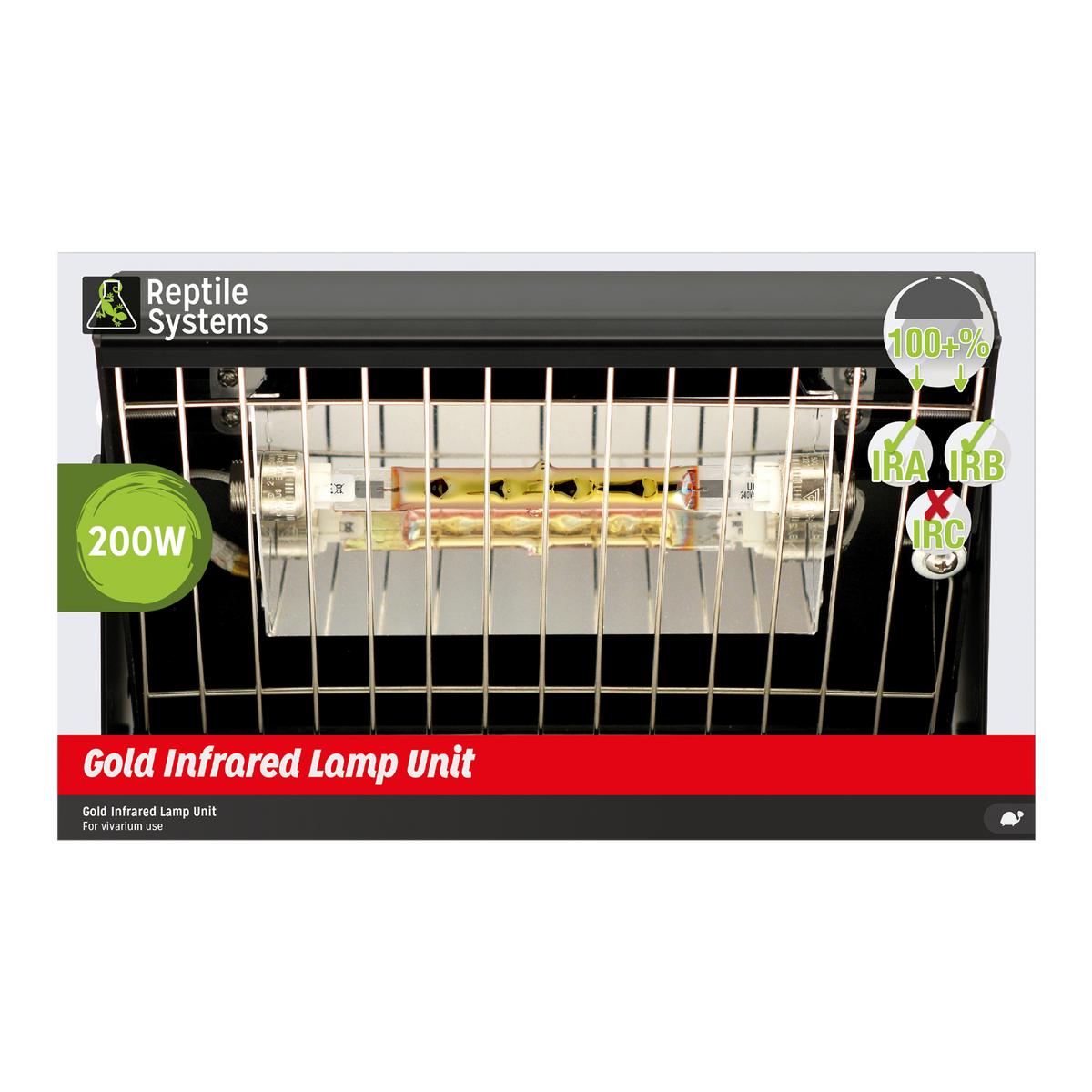 Front of reptile systems 200 watt gold infrared heat lamp unit product packaging isolated on white background