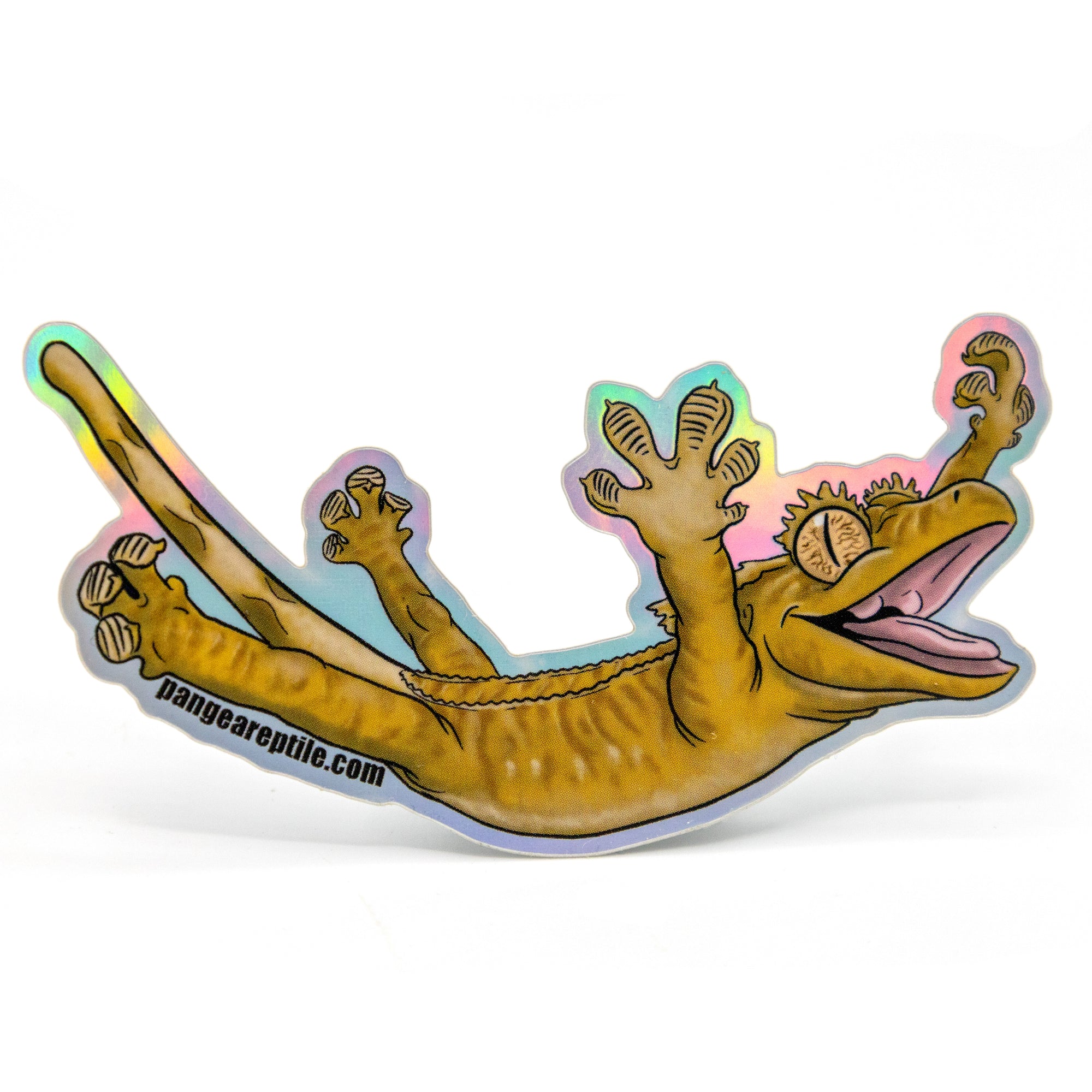 Leaping Crested Gecko Holographic Sticker hovering on white