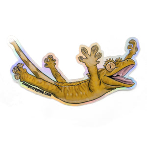 Leaping Crested Gecko Holographic Sticker on white