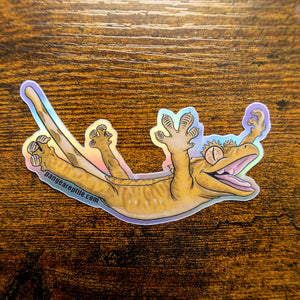 Leaping Crested Gecko Holographic Sticker on wood